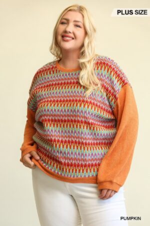 Novelty & Solid Mixed Knit Loose Top – Pumpkin (Plus Size)