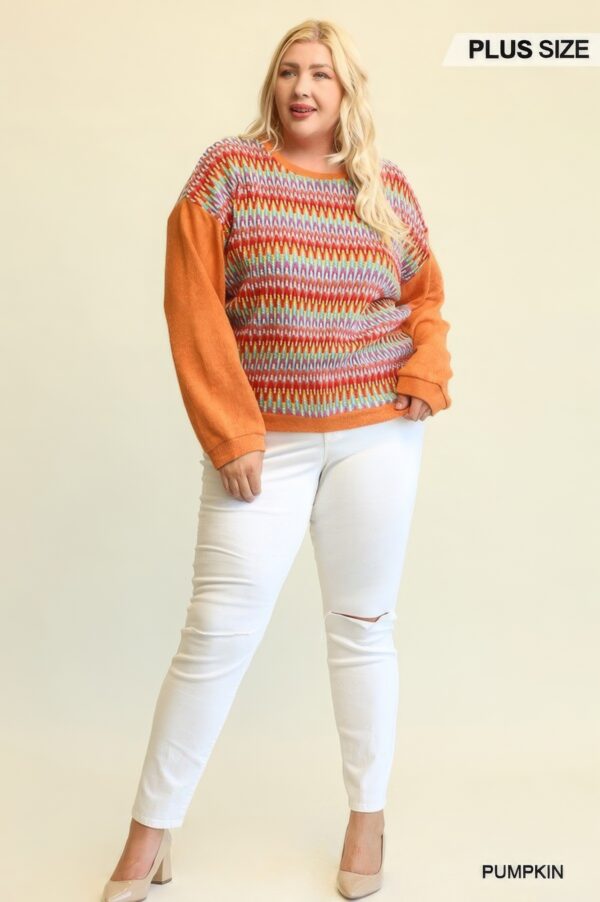 Novelty & Solid Mixed Knit Loose Top – Pumpkin (Plus Size)
