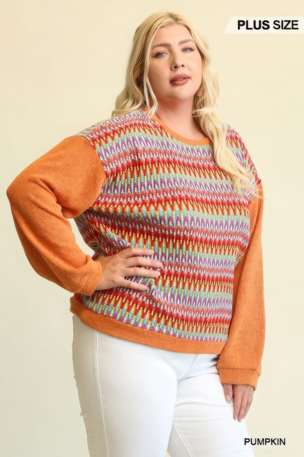 Novelty & Solid Mixed Knit Loose Top – Pumpkin (Plus Size)