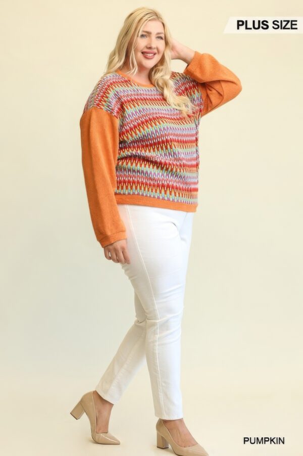 Novelty & Solid Mixed Knit Loose Top – Pumpkin (Plus Size)