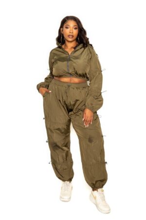 Plus Size Zip-Up Active Set with Cord Lock – Olive