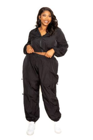 Plus Size Zip-Up Active Set with Cord Lock – Black