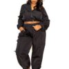 Plus Size Zip-Up Active Set with Cord Lock – Black