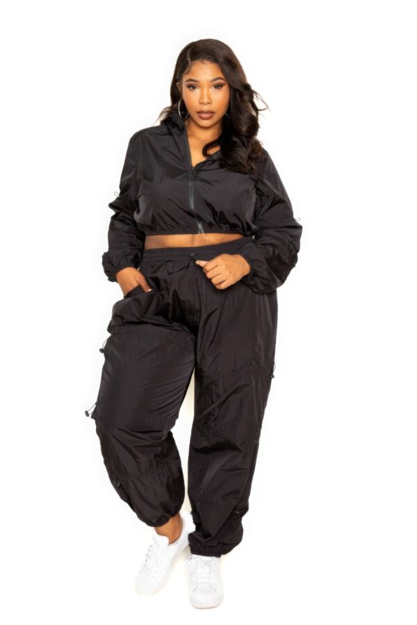 Plus Size Zip-Up Active Set with Cord Lock – Black