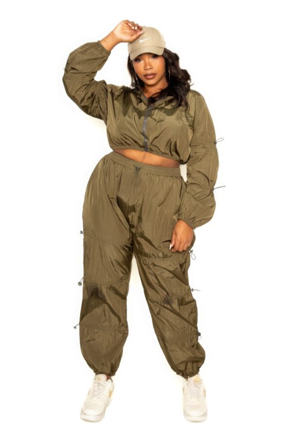 Plus Size Zip-Up Active Set with Cord Lock – Olive