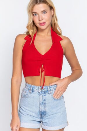 Halter Ruched Crop Sweater Top – Red Glow