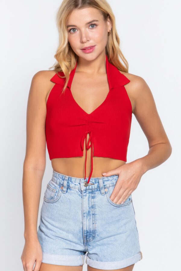 Halter Ruched Crop Sweater Top – Red Glow
