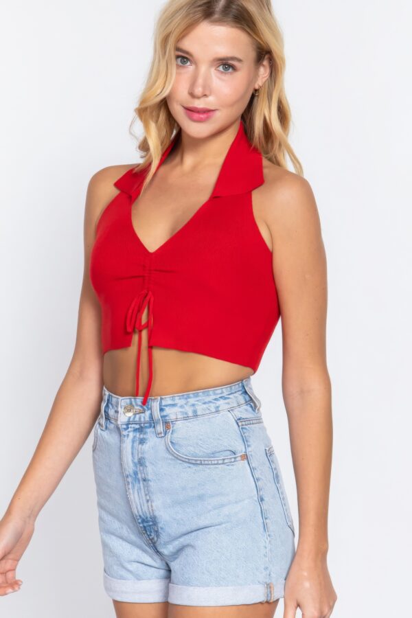 Halter Ruched Crop Sweater Top – Red Glow