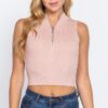Sleeveless Rib Mock-Neck Sweater Top with Zipper – Cloud Pink