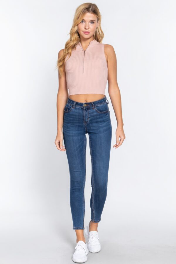 Sleeveless Rib Mock-Neck Sweater Top with Zipper – Cloud Pink