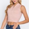 Sleeveless Rib Mock-Neck Sweater Top with Zipper – Cloud Pink