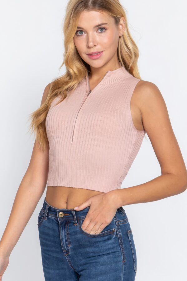 Sleeveless Rib Mock-Neck Sweater Top with Zipper – Cloud Pink