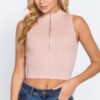Sleeveless Rib Mock-Neck Sweater Top with Zipper – Cloud Pink