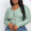 Plus-Size Button-Up Cropped Top – 8×4 Ribbed Knit, Green Bay