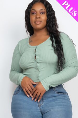 Plus-Size Button-Up Cropped Top – 8×4 Ribbed Knit, Green Bay