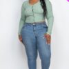 Plus-Size Button-Up Cropped Top – 8×4 Ribbed Knit, Green Bay