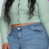 Plus-Size Button-Up Cropped Top – 8×4 Ribbed Knit, Green Bay