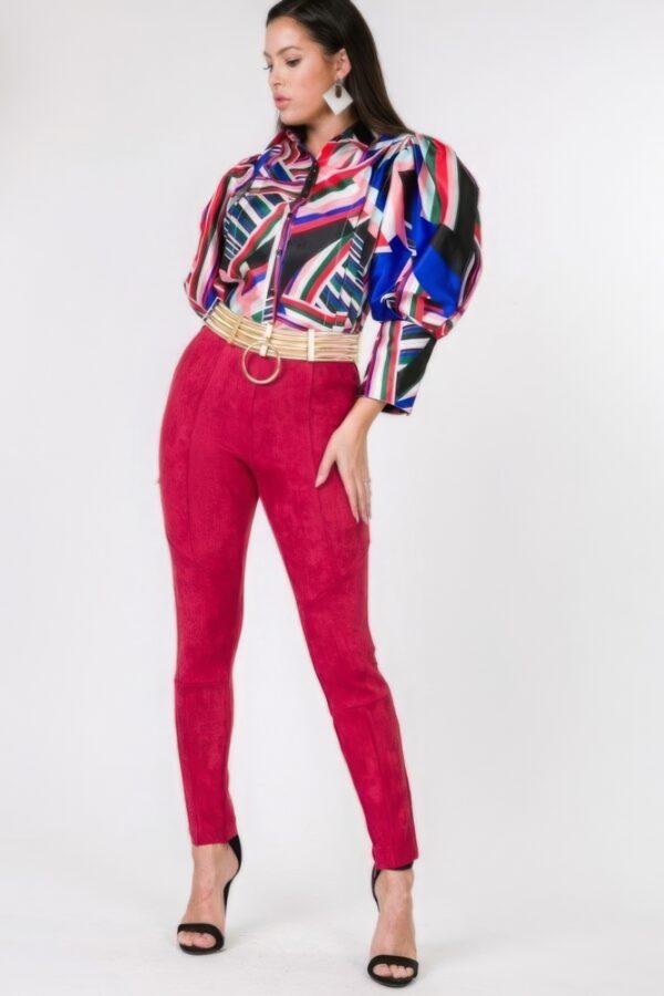 Faux Suede Skinny Pants – Deep Red Slim Fit