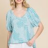 Houndstooth & Check Plaid Bubble-Sleeve Top – Sage