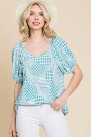 Houndstooth & Check Plaid Bubble-Sleeve Top – Sage