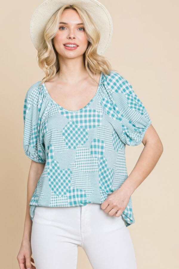 Houndstooth & Check Plaid Bubble-Sleeve Top – Sage
