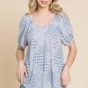 Houndstooth & Check Plaid Top with Bubble Sleeves – Grey
