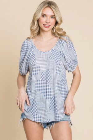 Houndstooth & Check Plaid Top with Bubble Sleeves – Grey