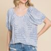 Houndstooth & Check Plaid Top with Bubble Sleeves – Grey