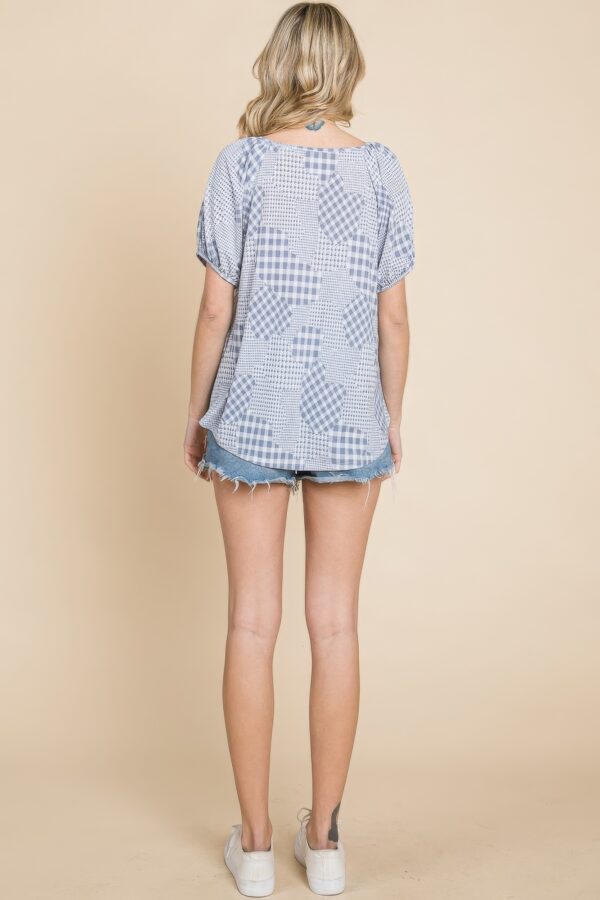 Houndstooth & Check Plaid Top with Bubble Sleeves – Grey