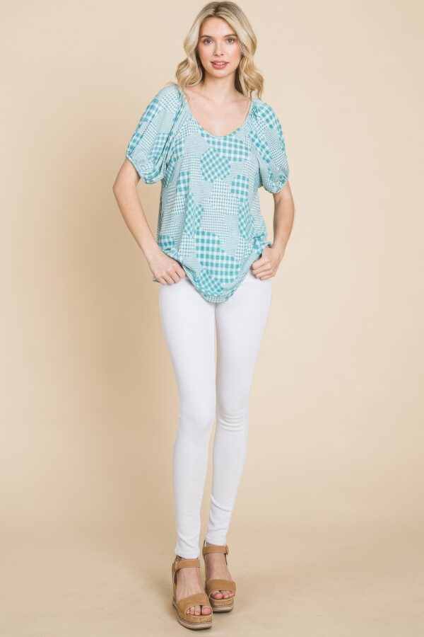 Houndstooth & Check Plaid Bubble-Sleeve Top – Sage