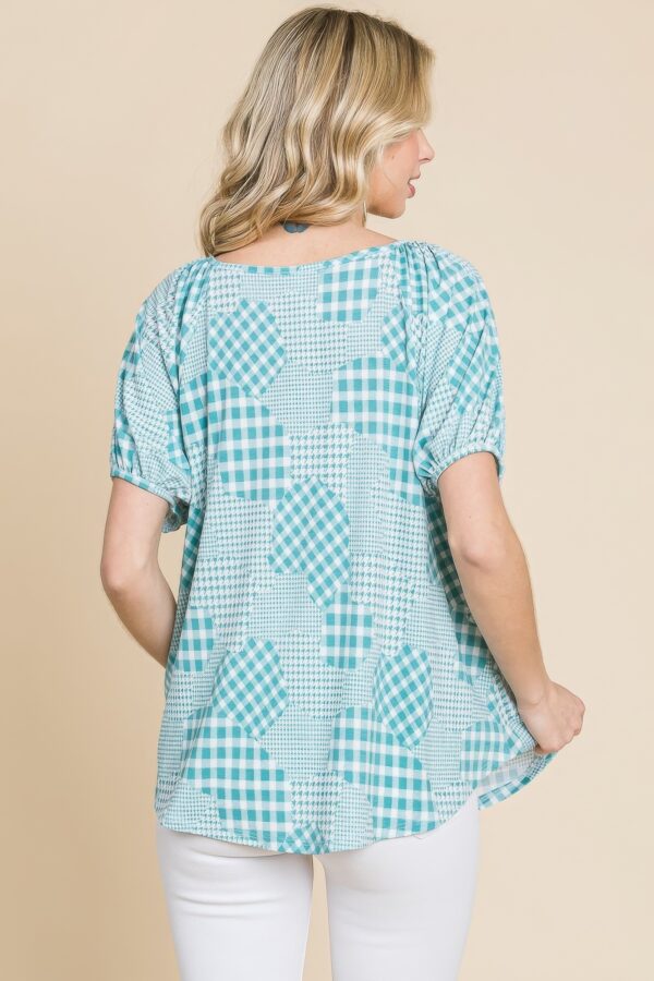 Houndstooth & Check Plaid Bubble-Sleeve Top – Sage