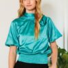 Waist-Smocked Satin Blouse with Bow Neck – Turquoise