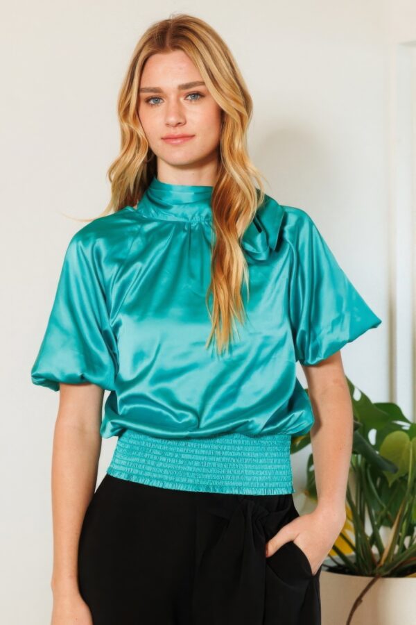 Waist-Smocked Satin Blouse with Bow Neck – Turquoise