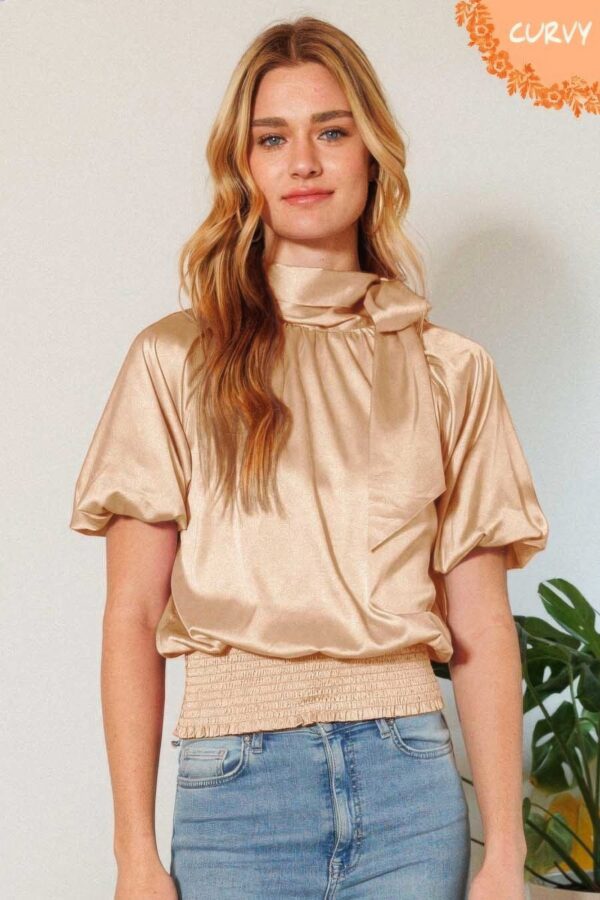 Smocked-Waist Satin Blouse with Bow – Light Taupe