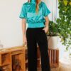 Waist-Smocked Satin Blouse with Bow Neck – Turquoise