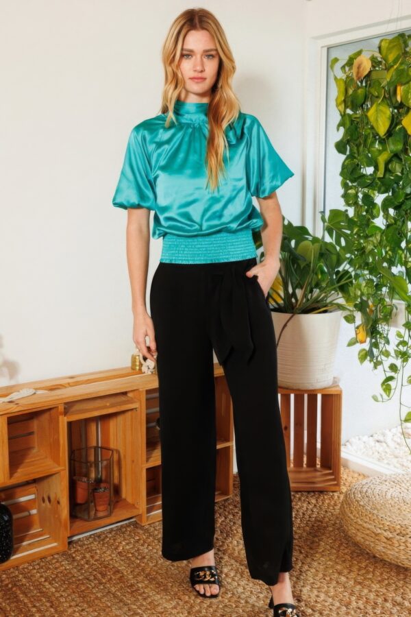 Waist-Smocked Satin Blouse with Bow Neck – Turquoise