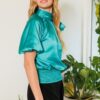 Waist-Smocked Satin Blouse with Bow Neck – Turquoise