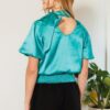 Waist-Smocked Satin Blouse with Bow Neck – Turquoise