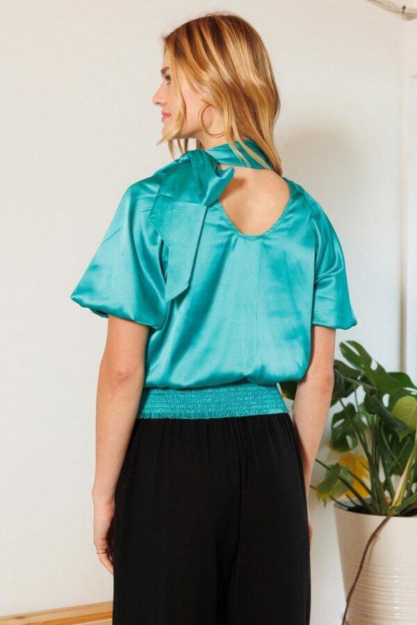 Waist-Smocked Satin Blouse with Bow Neck – Turquoise
