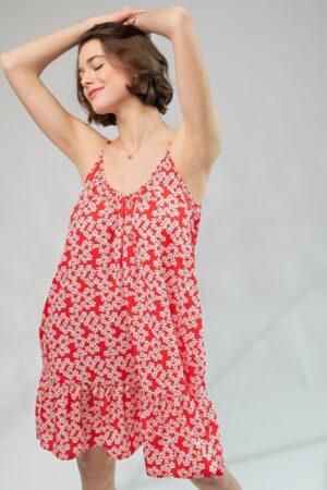 Floral Printed Cami Dress with Ruffle Hem – Red