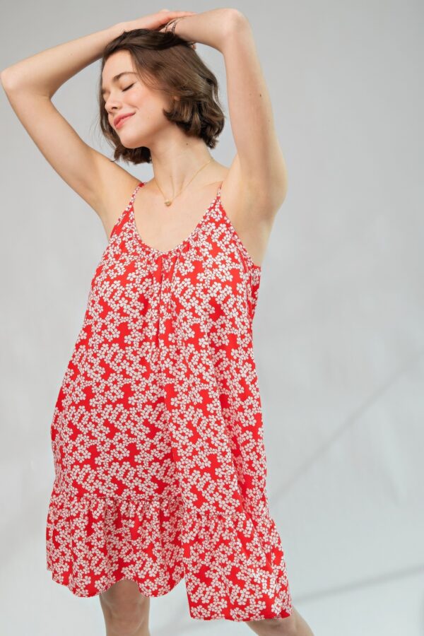 Floral Printed Cami Dress with Ruffle Hem – Red