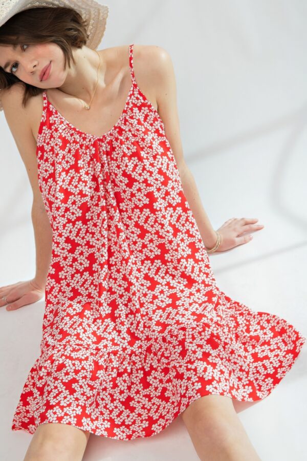Floral Printed Cami Dress with Ruffle Hem – Red