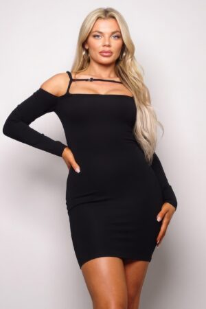 Long Sleeve Front-Strap Mini Dress – Black