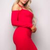 Long Sleeve Cold-Shoulder Front-Strap Mini Dress – Red