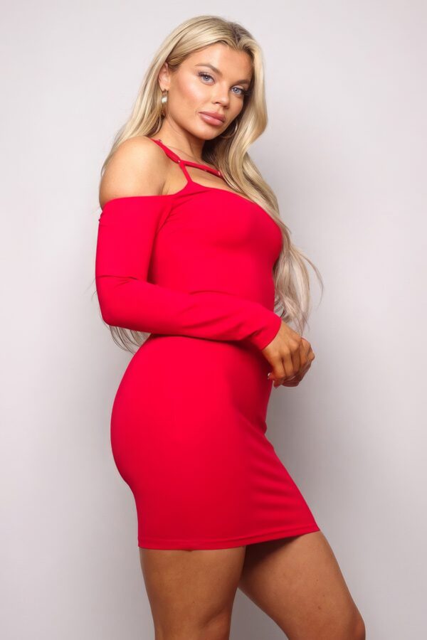 Long Sleeve Cold-Shoulder Front-Strap Mini Dress – Red