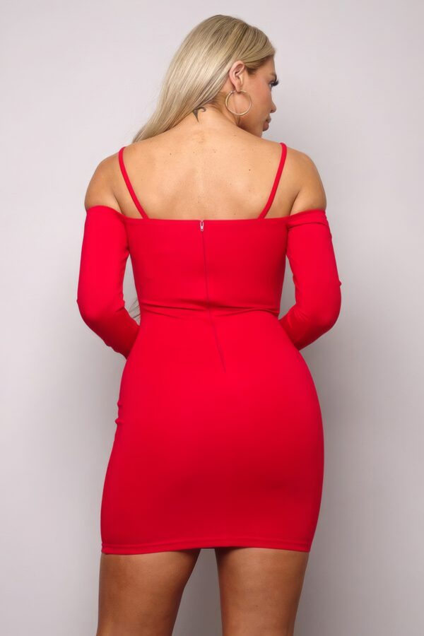 Long Sleeve Cold-Shoulder Front-Strap Mini Dress – Red