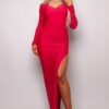 V-Neck Long Sleeve Open-Back Maxi Dress – Red