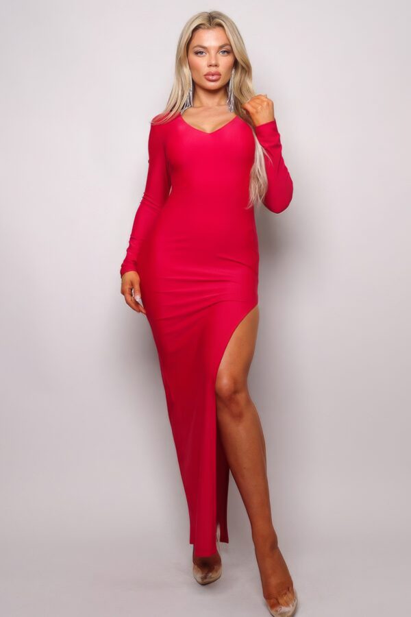 V-Neck Long Sleeve Open-Back Maxi Dress – Red