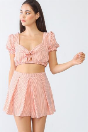 White & Orange Stripe Crop Top & High-Waist Shorts Set