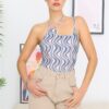 Cream & Blue Wave Mesh Asymmetrical Neck Bodysuit